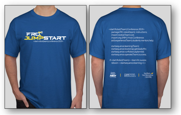 FRC Jumpstart Shirt. The front has the FRC Jumpstart blue and yellow logo of a robot arm. The back has a mock code sequence of rookie start-up and the logos for SNHU, NEFIRST, and 501.